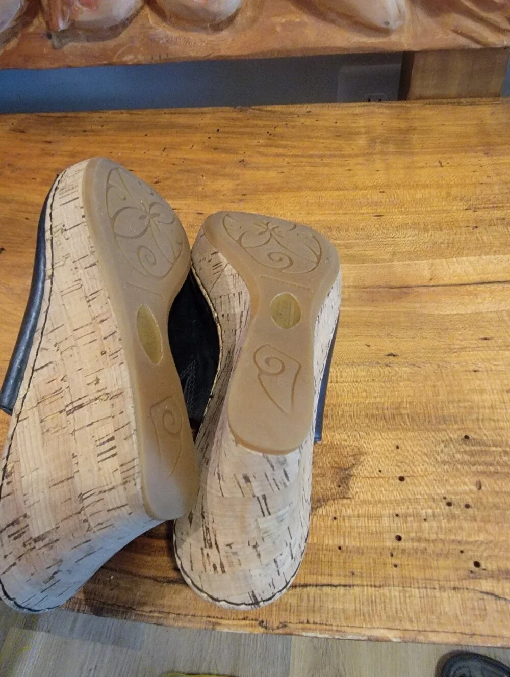 Born Size 7 Black Leather Cork Wedge Slide Sandals w/ 3